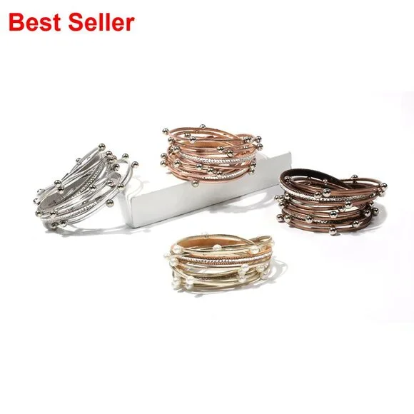 Leather Wrap Bracelet with Imitation Pearl Beads Handmade Magnetic Clasp - Picture 7 of 7